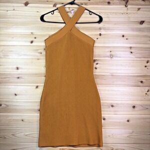 Aritzia Babaton Dress Womens Medium Dark Mustard Sculpt Knit Criss Cross Dress